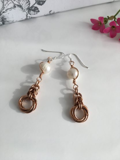 Ivory Pearl Earrings on Bronze Mobius Love Knots with half Byzantine Chainmail, Wire Wrapped Freshwater Pearls, 60th Birthday Gift for Women
