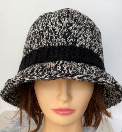 Ladies Crochet Bucket Hat, Black, Grey, White, Warm Winter Wool Hat with Black Band, Wide Brim Outdoor Women's Headwear, Christmas Gift Idea