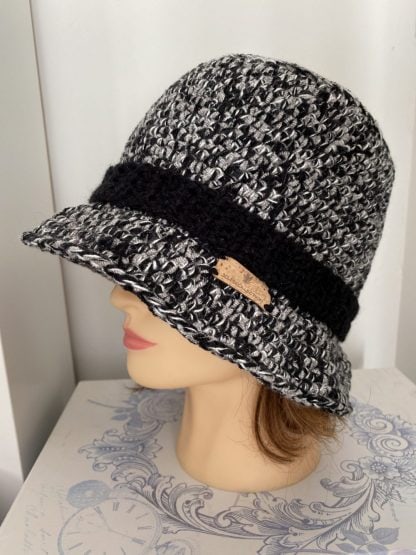 Ladies Crochet Bucket Hat, Black, Grey, White, Warm Winter Wool Hat with Black Band, Wide Brim Outdoor Women's Headwear, Christmas Gift Idea
