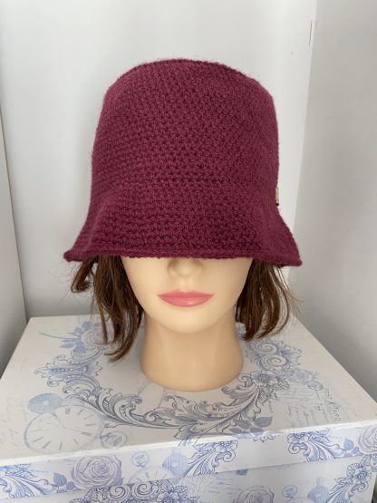 Ladies Crochet Bucket Hat, Burgundy Warm Winter Wool Hat, Wide Brim Outdoor Women's Cloche or Fedora Style Headgear Hat, Christmas Gift Idea
