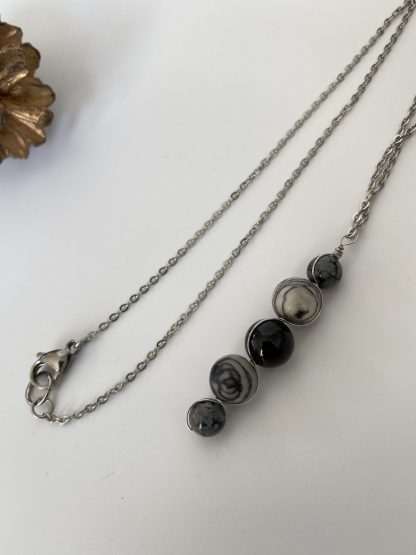 Men's Wire Wrapped Gemstone Pendant Necklace, Botswana, Lava, and Snowflake Obsidian Unisex Round Bead Pendant Necklace on Steel Chain 21"