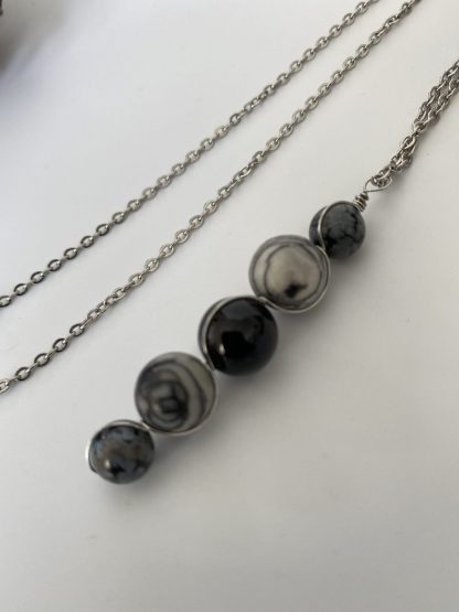 Men's Wire Wrapped Gemstone Pendant Necklace, Botswana, Lava, and Snowflake Obsidian Unisex Round Bead Pendant Necklace on Steel Chain 21"
