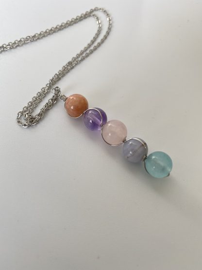 Steel Wire Wrapped Gemstone Crystal Pendant Necklace Anxiety Stress aid, Lepidolite - Amethyst - Rose Quartz - Blue Lace Agate - Aquamarine
