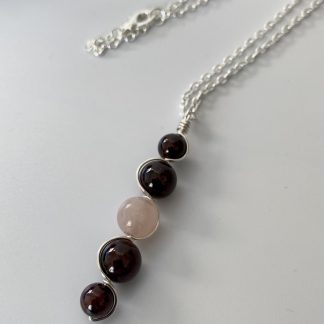 Garnet and Rose Quartz Gemstone Pendant Necklace, Silver Wire Wrapped "Love and Devotion" Round Stones Necklace, 18" chain, Mom Gift Idea