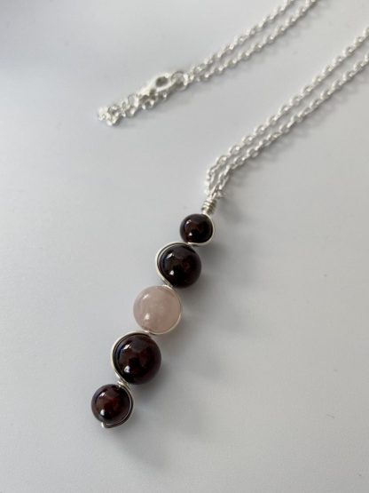 Garnet and Rose Quartz Gemstone Pendant Necklace, Silver Wire Wrapped "Love and Devotion" Round Stones Necklace, 18" chain, Mom Gift Idea
