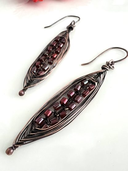 Dark Copper Herringbone Earrings with Red Gold Beads