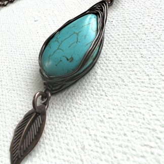 Turquoise and Copper Wire Wrapped Bead Pendant Necklace