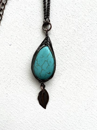 Turquoise and Copper Wire Wrapped Bead Pendant Necklace