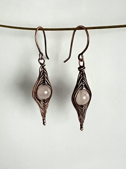 Copper Herringbone Earrings with Rose Quartz Gemstones
