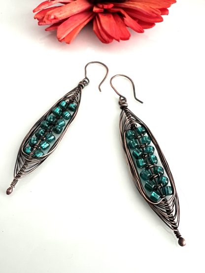 Copper Macrame Knotted Earrings with Turquoise Seed Beads