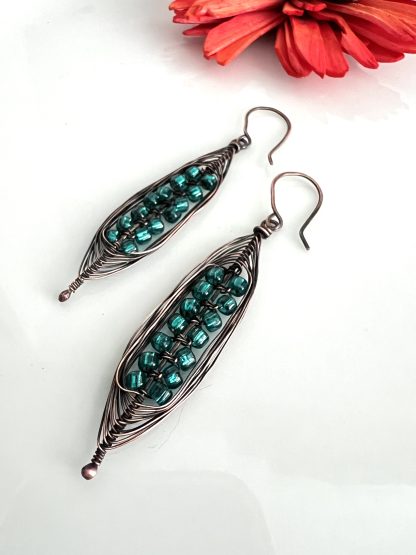 Copper Macrame Knotted Earrings with Turquoise Seed Beads