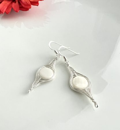 Silver Herringbone earrings with Mother of Pearl Coin Beads