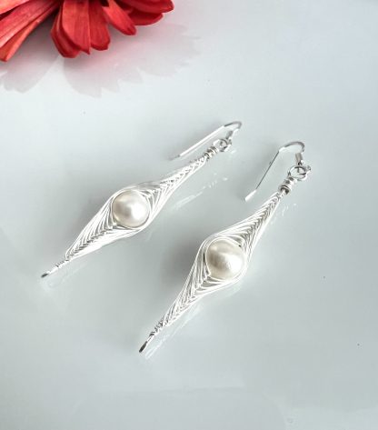 Silver Herringbone wire wrapped earrings with Freshwater Pearls
