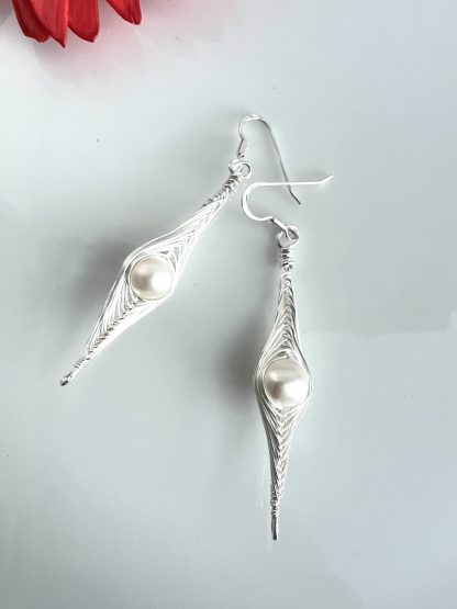 Silver Herringbone wire wrapped earrings with Freshwater Pearls