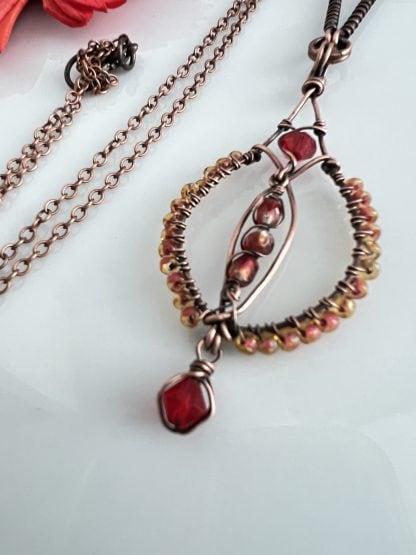 Copper Beaded Pendant Necklace with Red/Orange Beads
