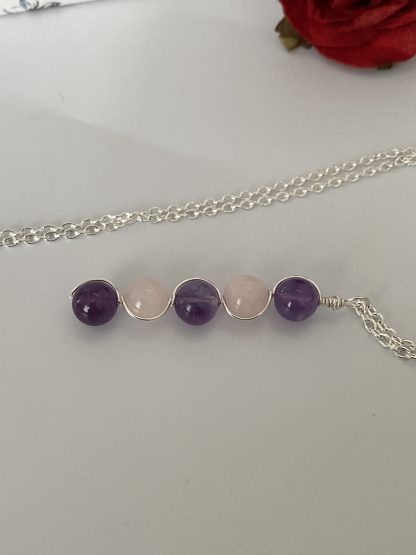Amethyst and Rose Quartz 5 Stone Wire Wrapped Necklace