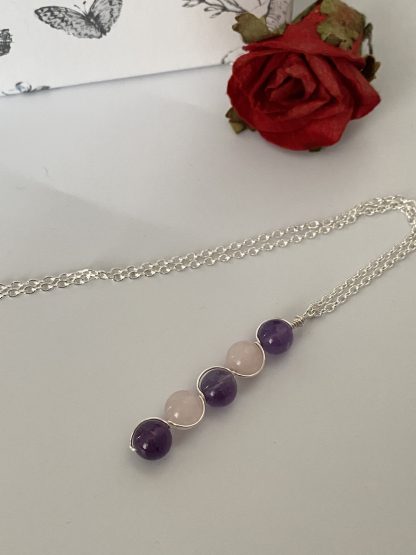 Amethyst and Rose Quartz 5 Stone Wire Wrapped Necklace