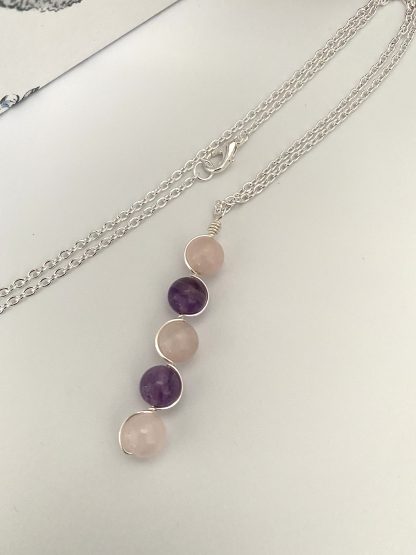 Rose Quartz and Amethyst 5 Gemstone Wire Wrapped Necklace