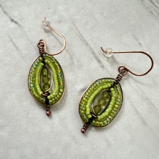 Green and Copper Beaded Herringbone Weave Earrings