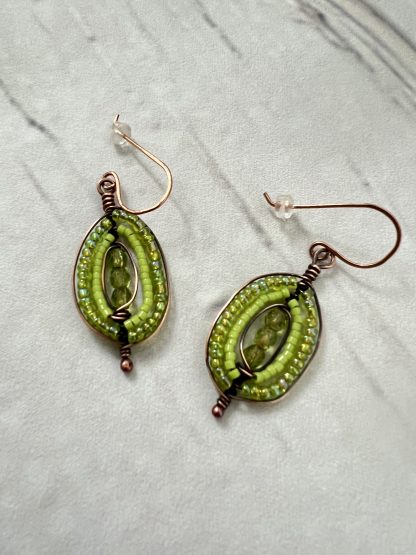 Green and Copper Beaded Herringbone Weave Earrings