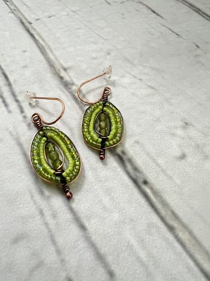 Green and Copper Beaded Herringbone Weave Earrings