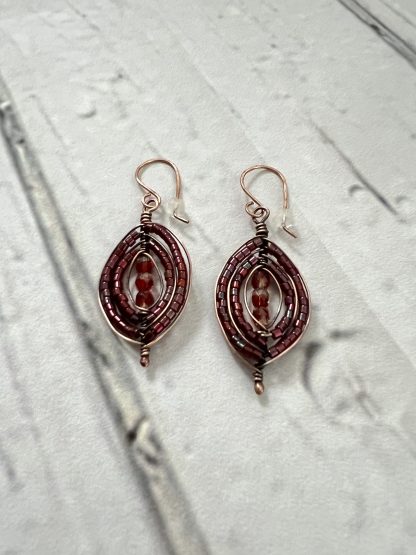 Dark Red and Copper Beaded Herringbone Weave Earrings