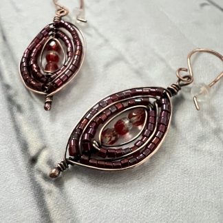 Dark Red and Copper Beaded Herringbone Weave Earrings