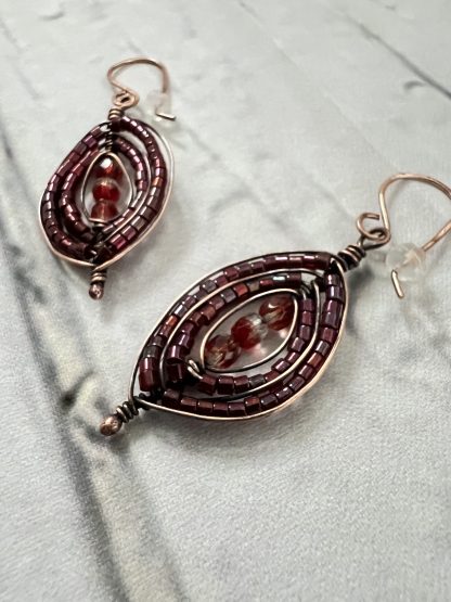 Dark Red and Copper Beaded Herringbone Weave Earrings