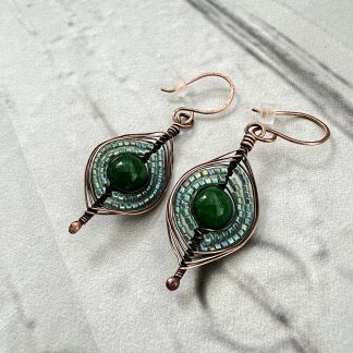 Emerald Green and Copper Beaded Herringbone Weave Earrings