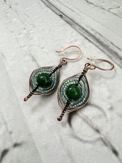 Emerald Green and Copper Beaded Herringbone Weave Earrings