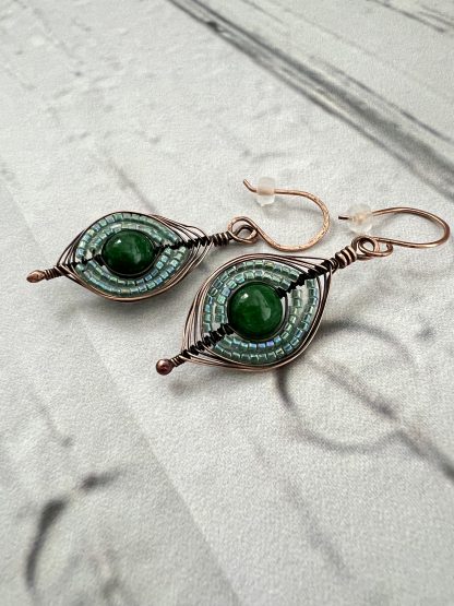 Emerald Green and Copper Beaded Herringbone Weave Earrings