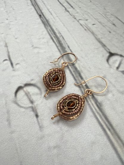 Bronze and Copper Beaded Herringbone Weave Earrings