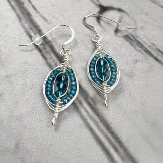 Capri Blue and Silver Beaded Herringbone Weave Earrings