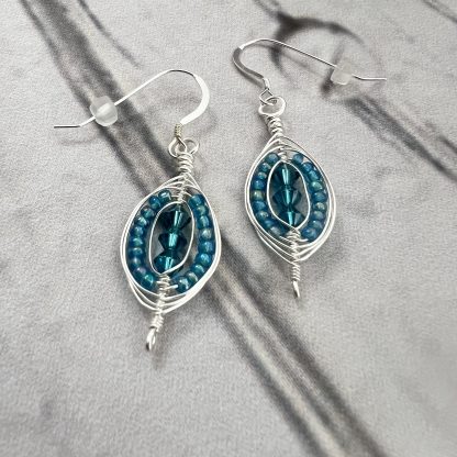 Capri Blue and Silver Beaded Herringbone Weave Earrings