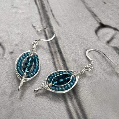 Capri Blue and Silver Beaded Herringbone Weave Earrings