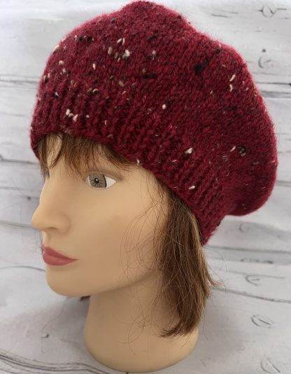 Womans Hand Knit Wool Beret in Rustic Red Tweed - Image 2