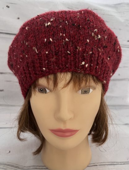 Womans Hand Knit Wool Beret in Rustic Red Tweed - Image 5